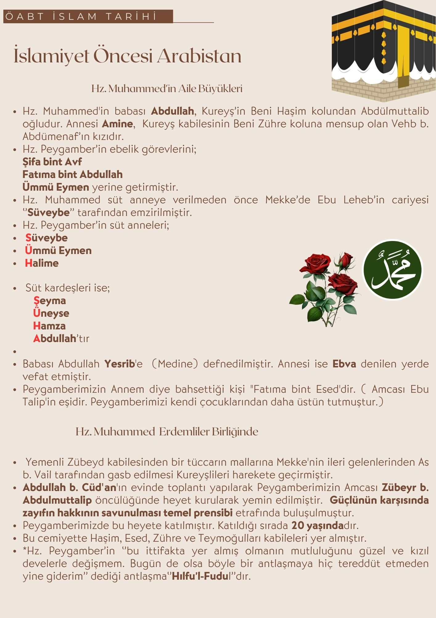 7-1 İslam Tarihi ÖABT Ders Notları " Hz. Muhammed'in Ailesi" " İlk Vahiy"