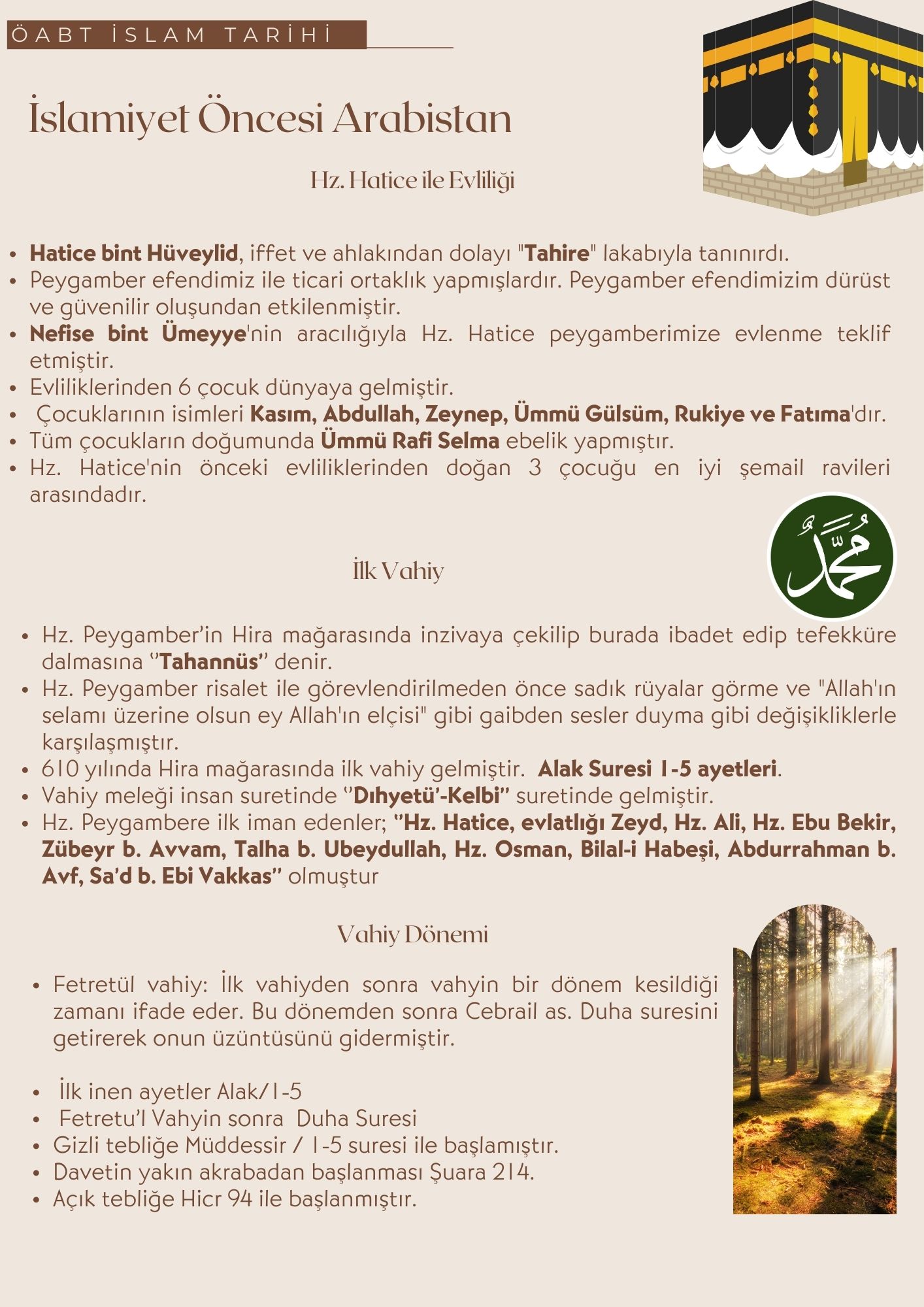 8-1 İslam Tarihi ÖABT Ders Notları " Hz. Muhammed'in Ailesi" " İlk Vahiy"