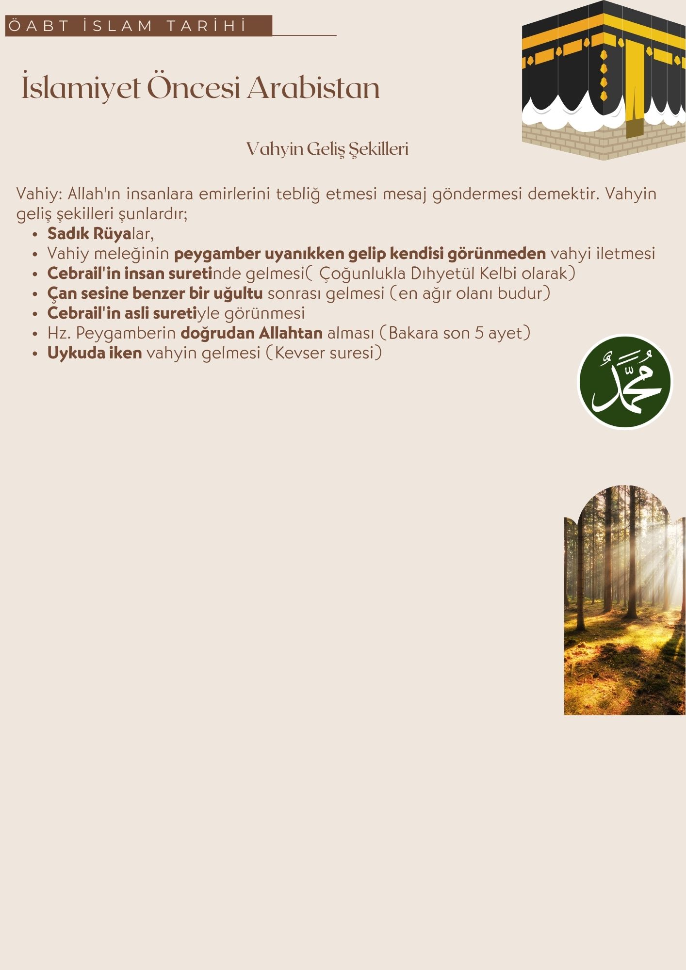 9-1 İslam Tarihi ÖABT Ders Notları " Hz. Muhammed'in Ailesi" " İlk Vahiy"